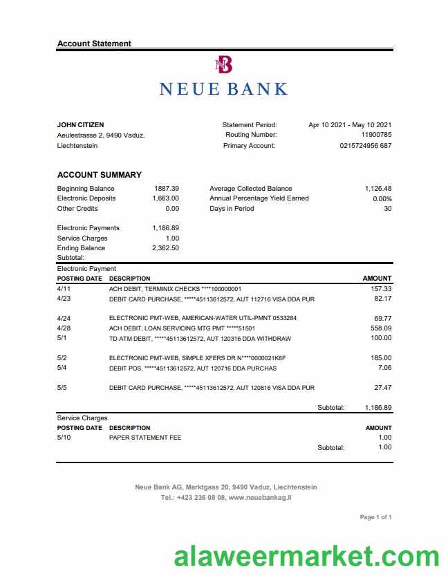 Liechtenstein Neue Bank AG bank statement easy to fill template in .xls and .pdf file format